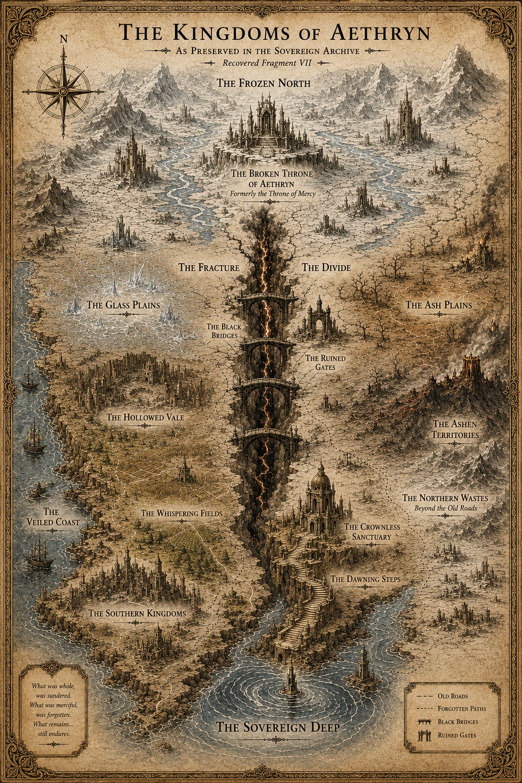 Map of the Kingdoms of Aethryn, showing the Frozen North, the Fracture, the Southern Kingdoms, and the Sovereign Deep