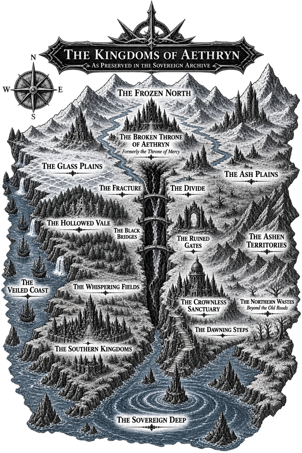 Map of the Kingdoms of Aethryn, showing the Frozen North, the Fracture, the Southern Kingdoms, and the Sovereign Deep