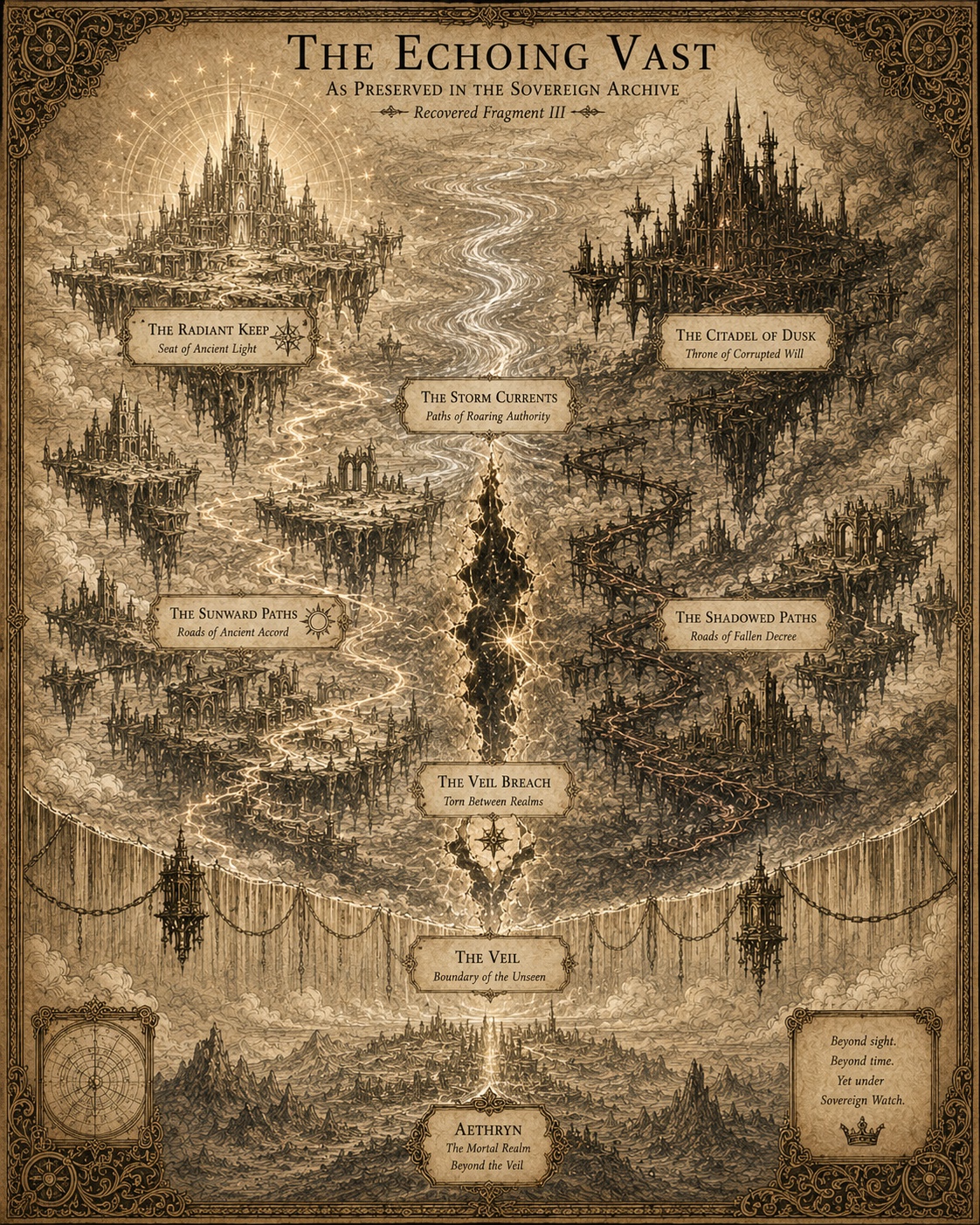 The Echoing Vast — the unseen realm of Aethryn, showing the Radiant Keep, the Citadel of Dusk, and the Veil