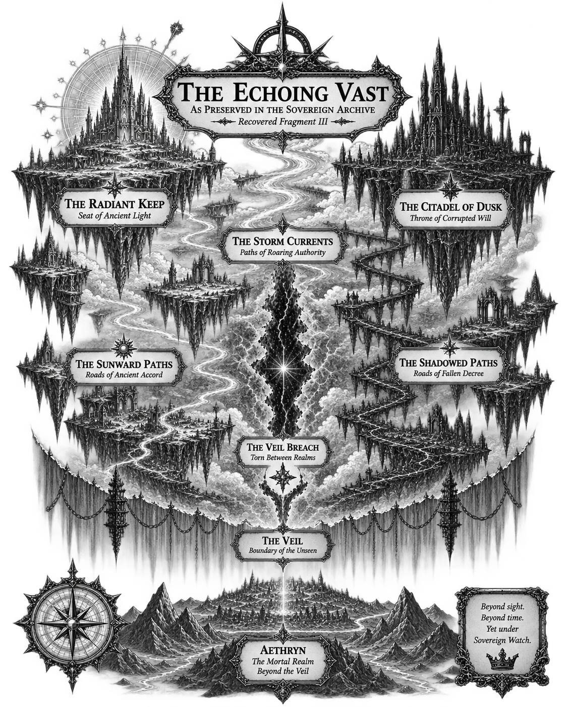 The Echoing Vast — the unseen realm of Aethryn, showing the Radiant Keep, the Citadel of Dusk, and the Veil